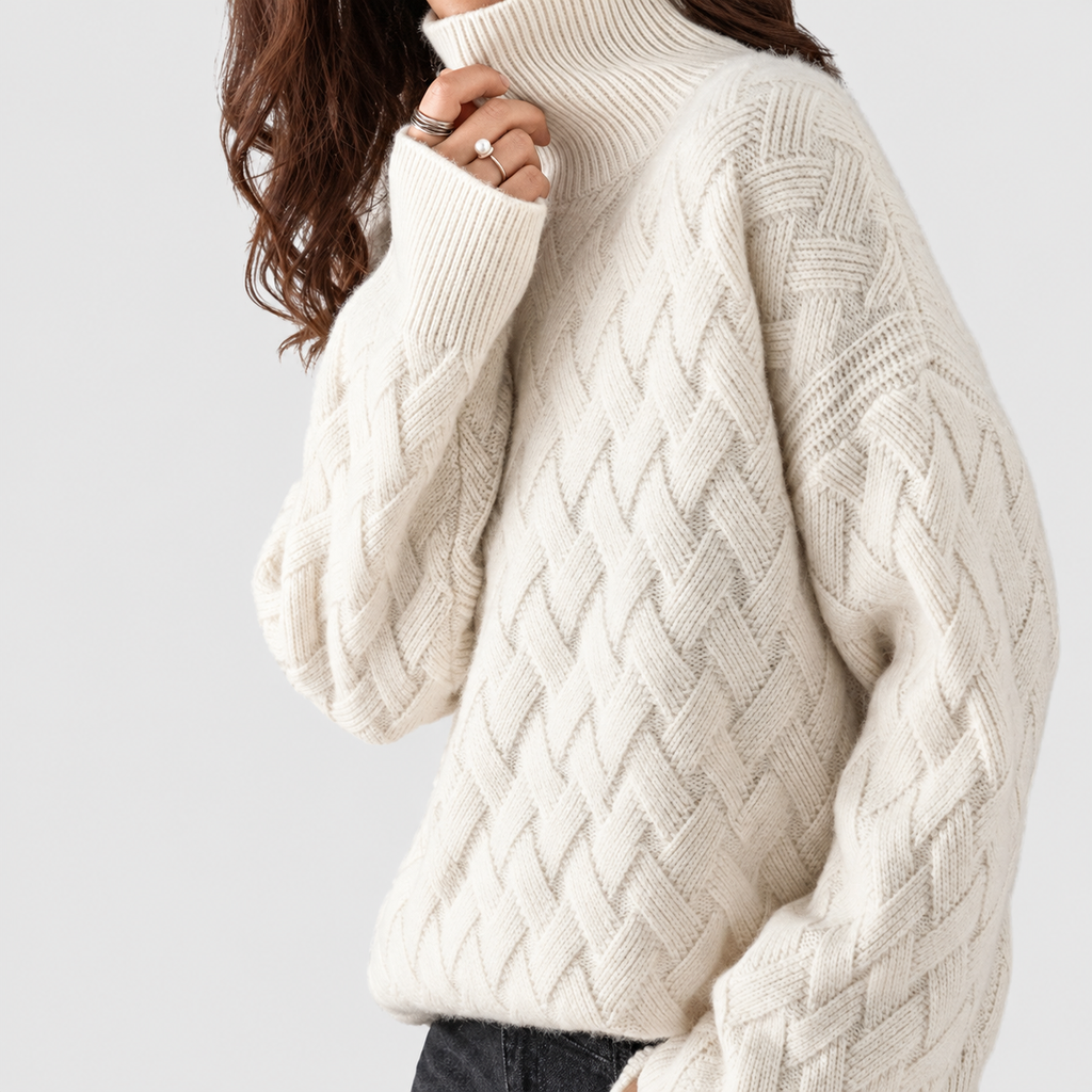 Beatrix-Claire | Women’s Diamond-Knit Turtleneck Sweater — Beige