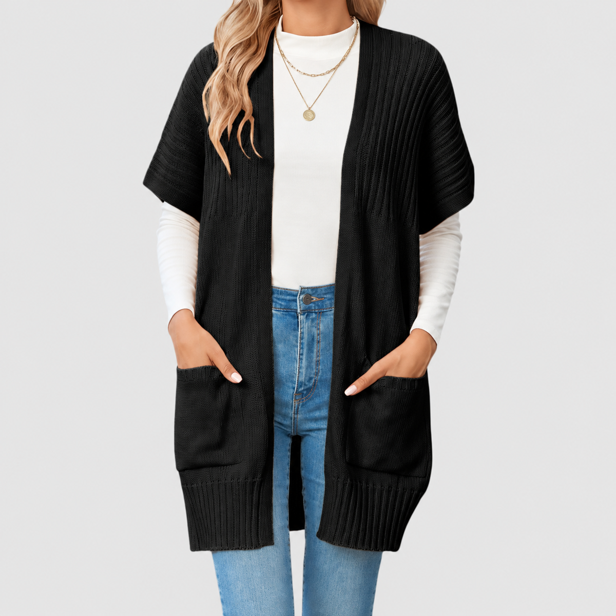 Beatrix | Women’s Lightweight Open-Front Knit Cardigan — Black
