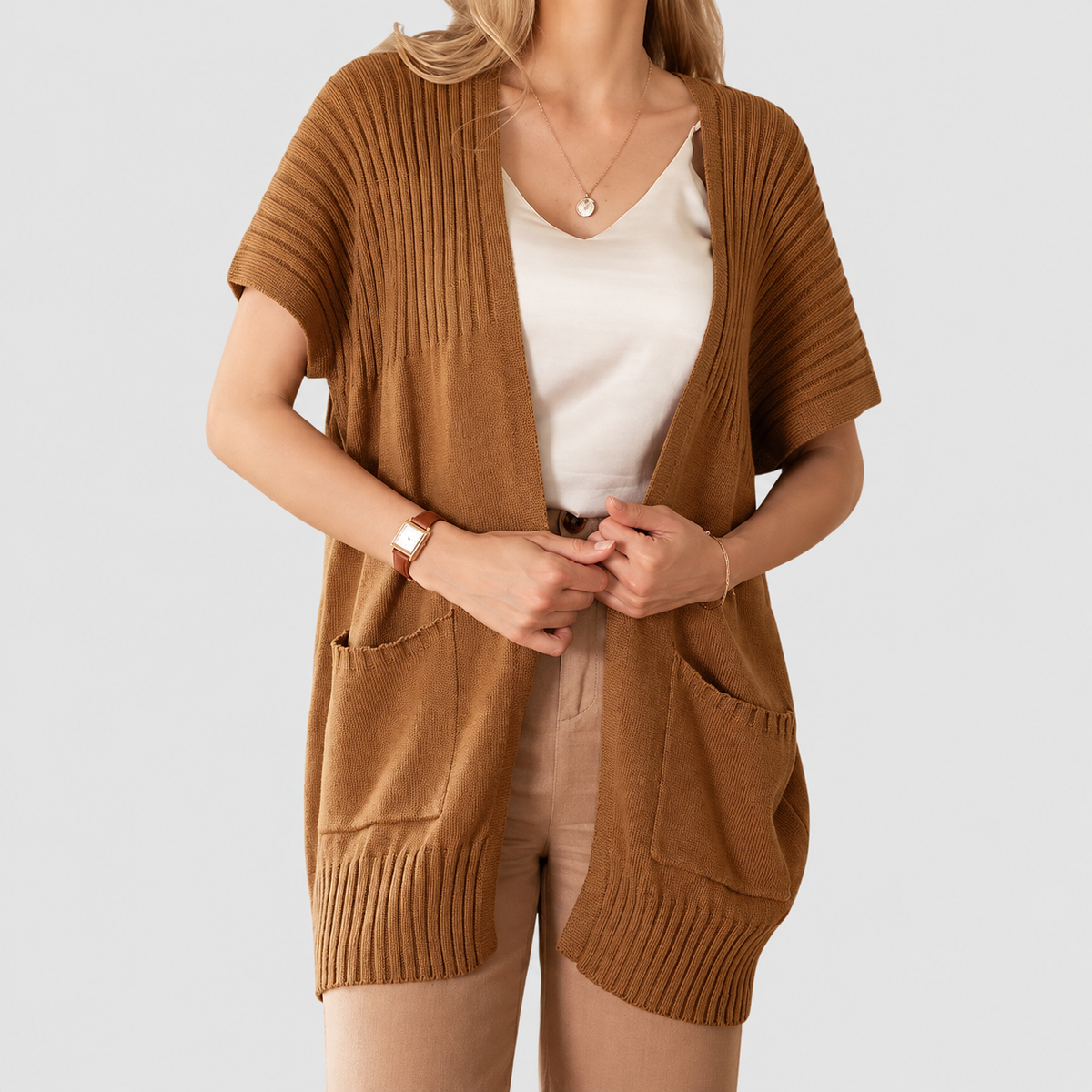 Beatrix | Women’s Lightweight Open-Front Knit Cardigan — Brown