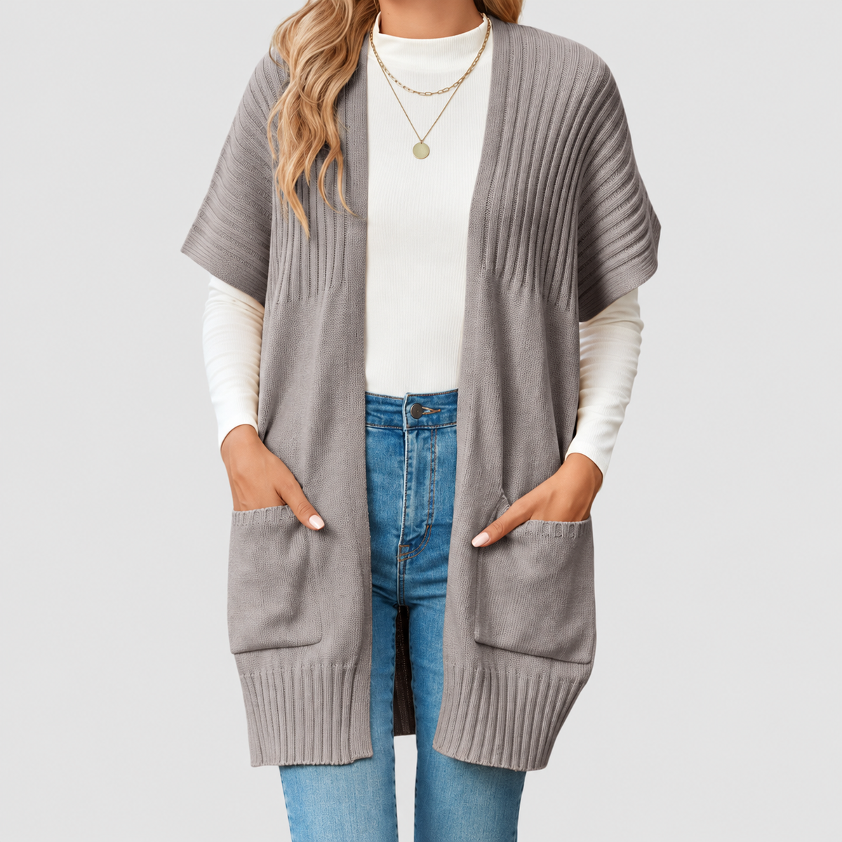 Beatrix | Women’s Lightweight Open-Front Knit Cardigan — Light Grey