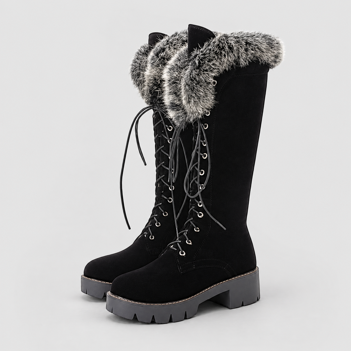 Belinda | Women’s Plush-Trimmed Lace-Up Knee-High Winter Boots — Black