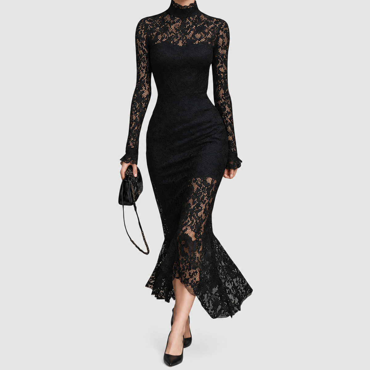 Belladonna | Women’s High-Neck Lace Fishtail Maxi Dress — Black