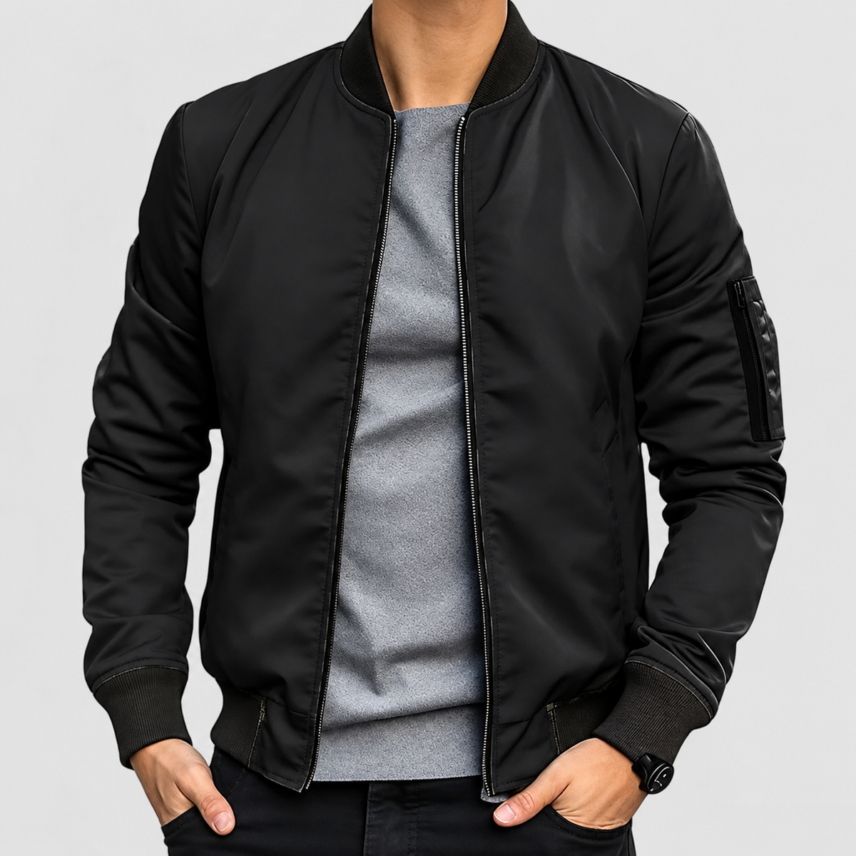 Benedict | Men’s Zip-Front Bomber Jacket — Black