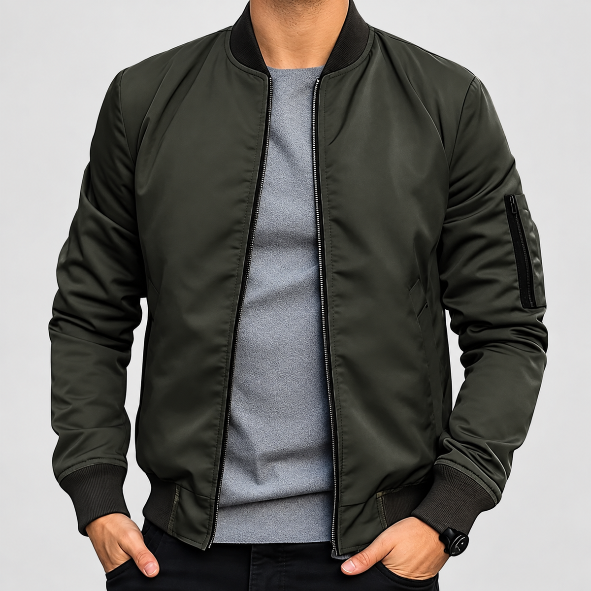 Benedict | Men’s Zip-Front Bomber Jacket — Olive Green