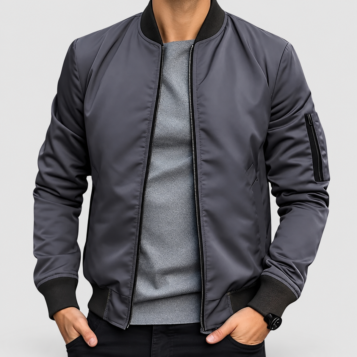 Benedict | Men’s Zip-Front Bomber Jacket — Dark Gray