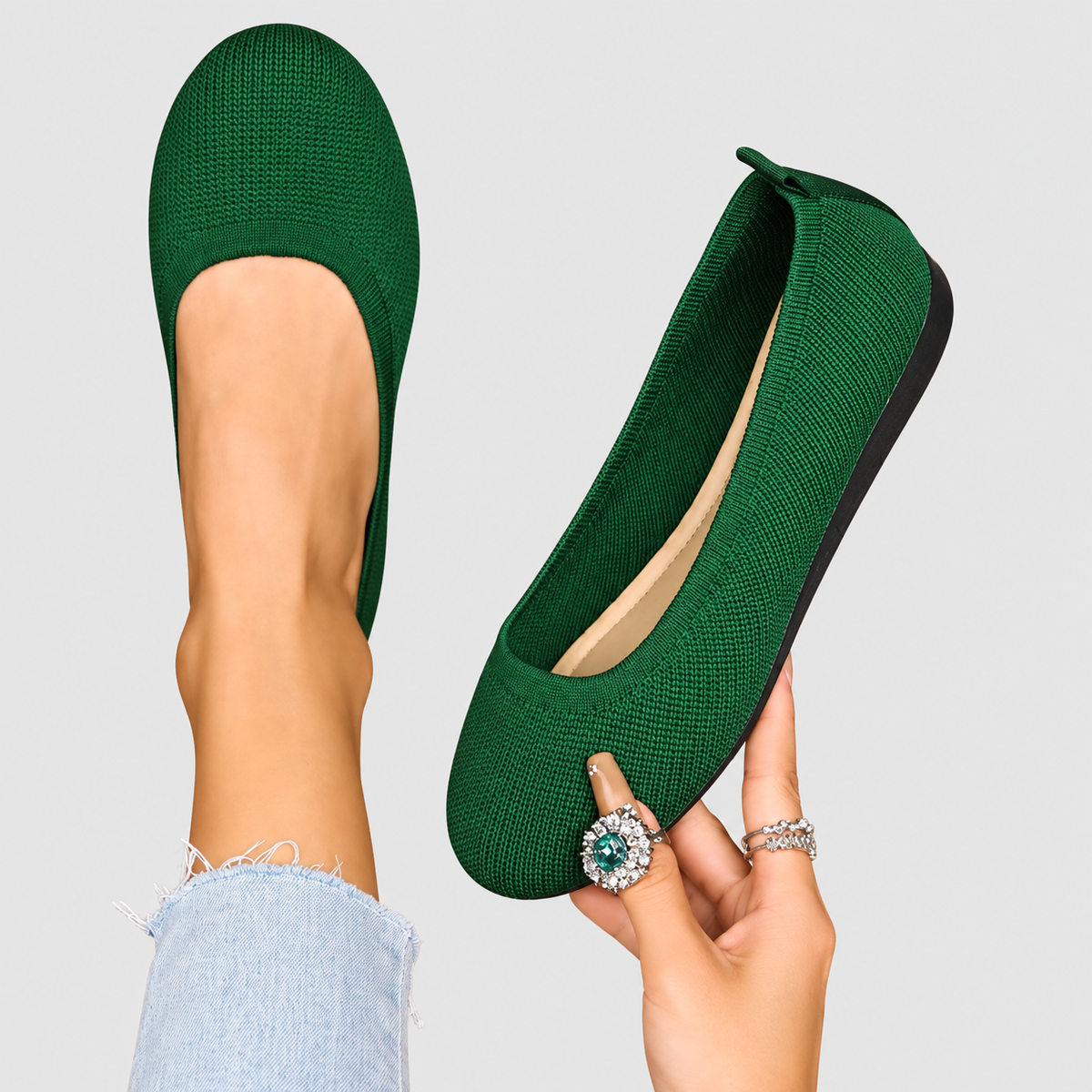 Bettina | Women’s Round-Toe Knit Ballet Flats — Green