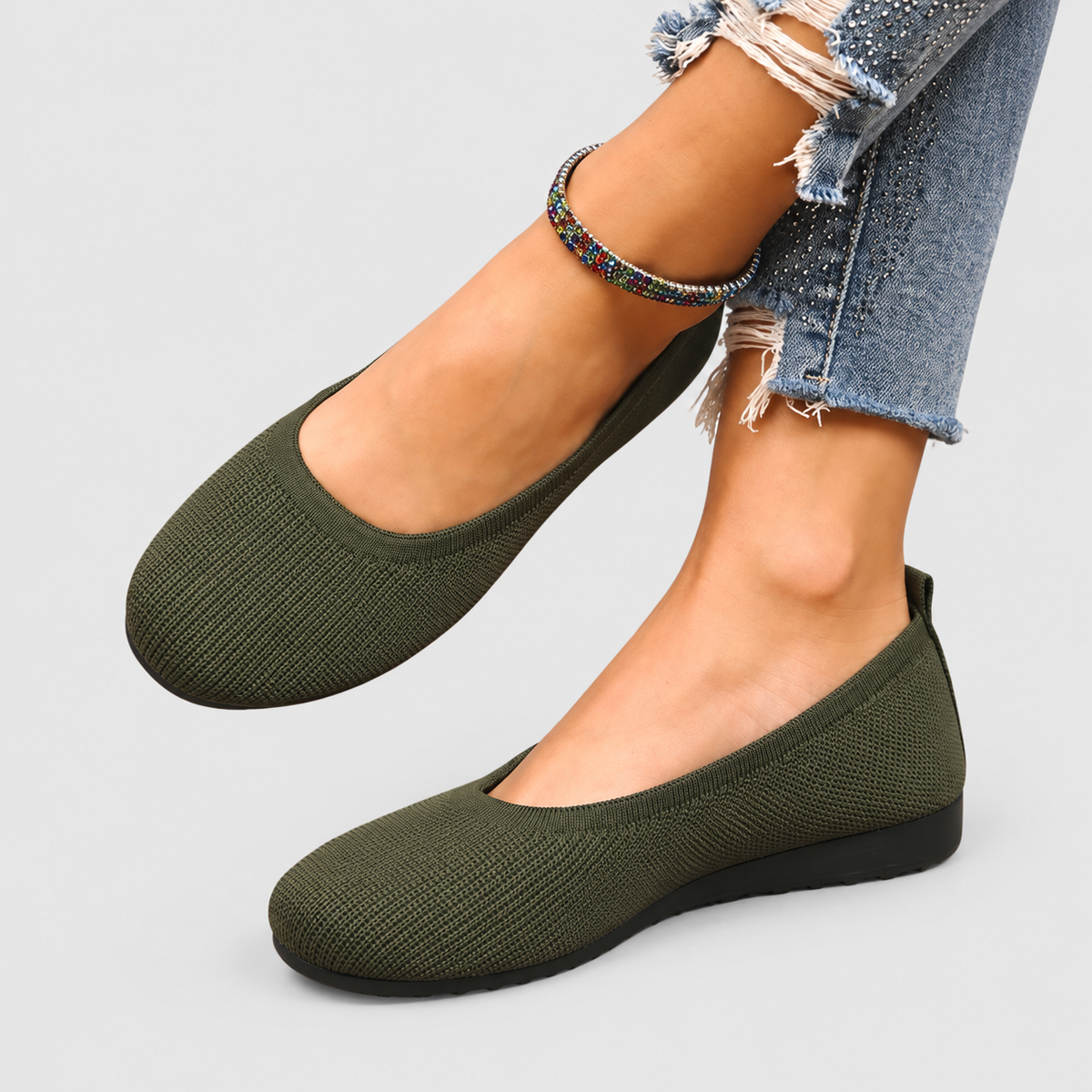 Bettina | Women’s Round-Toe Knit Ballet Flats — Army Green