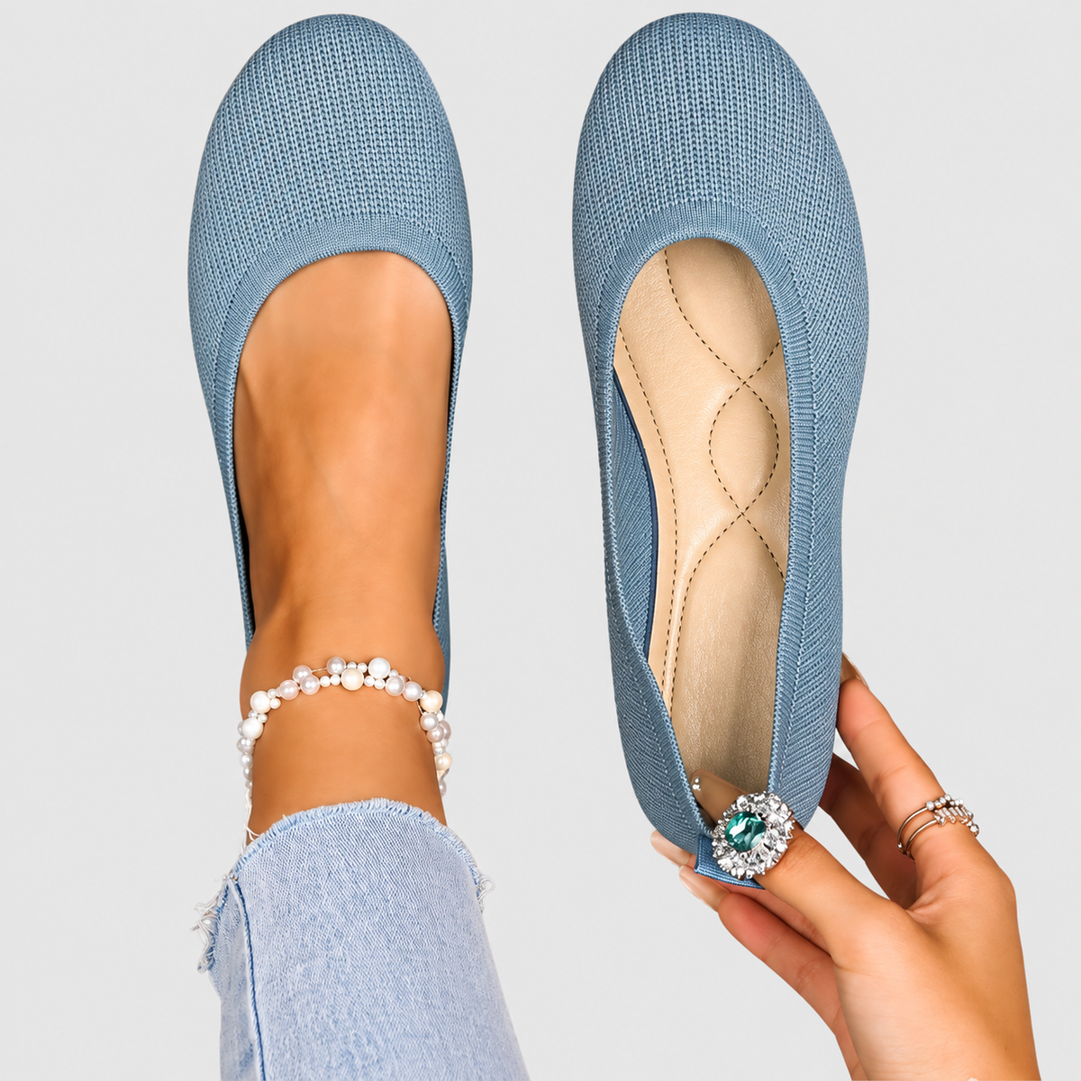 Bettina | Women’s Round-Toe Knit Ballet Flats — Light Wash