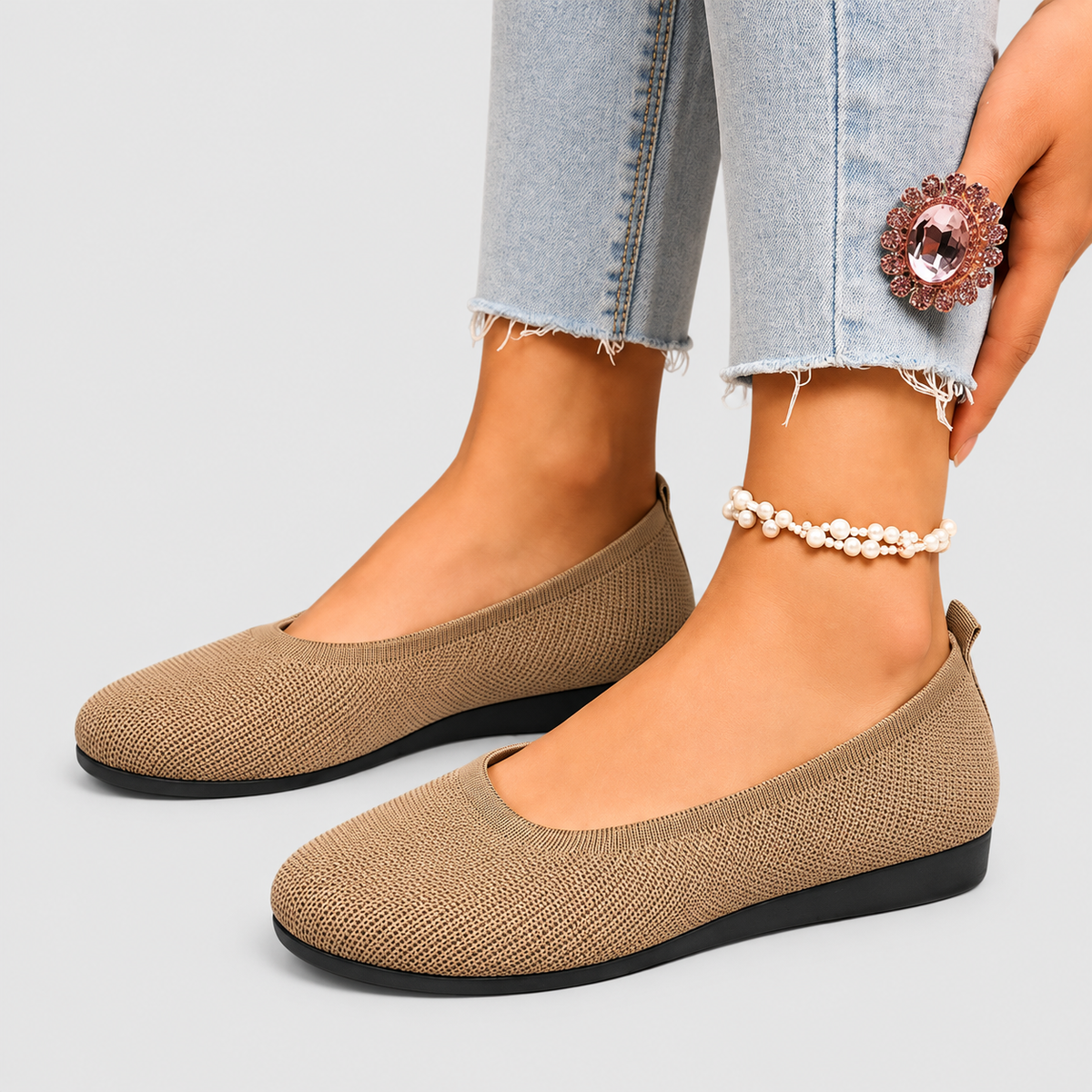Bettina | Women’s Round-Toe Knit Ballet Flats — Khaki