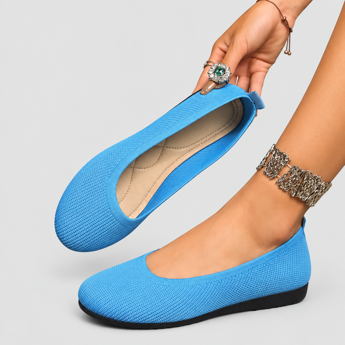Bettina | Women’s Round-Toe Knit Ballet Flats — Light Blue