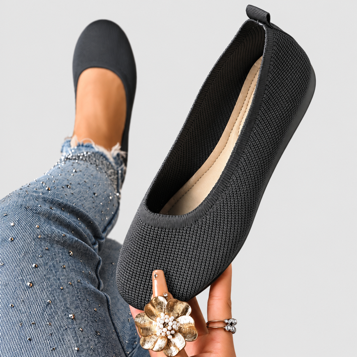 Bettina | Women’s Round-Toe Knit Ballet Flats — Grey