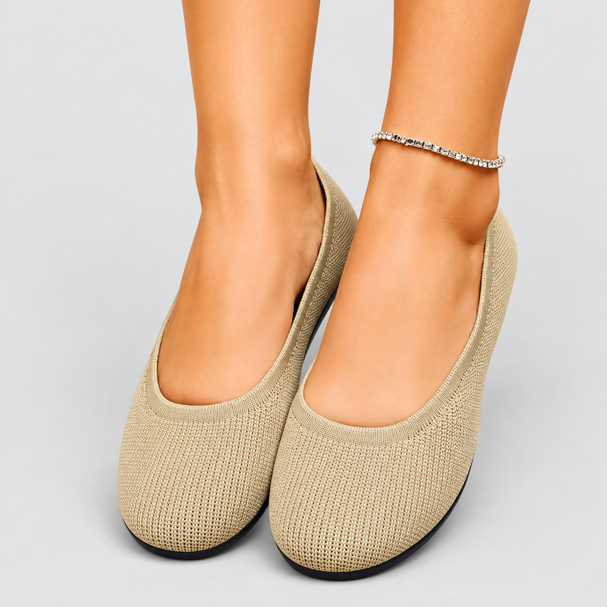Bettina | Women’s Round-Toe Knit Ballet Flats — Beige