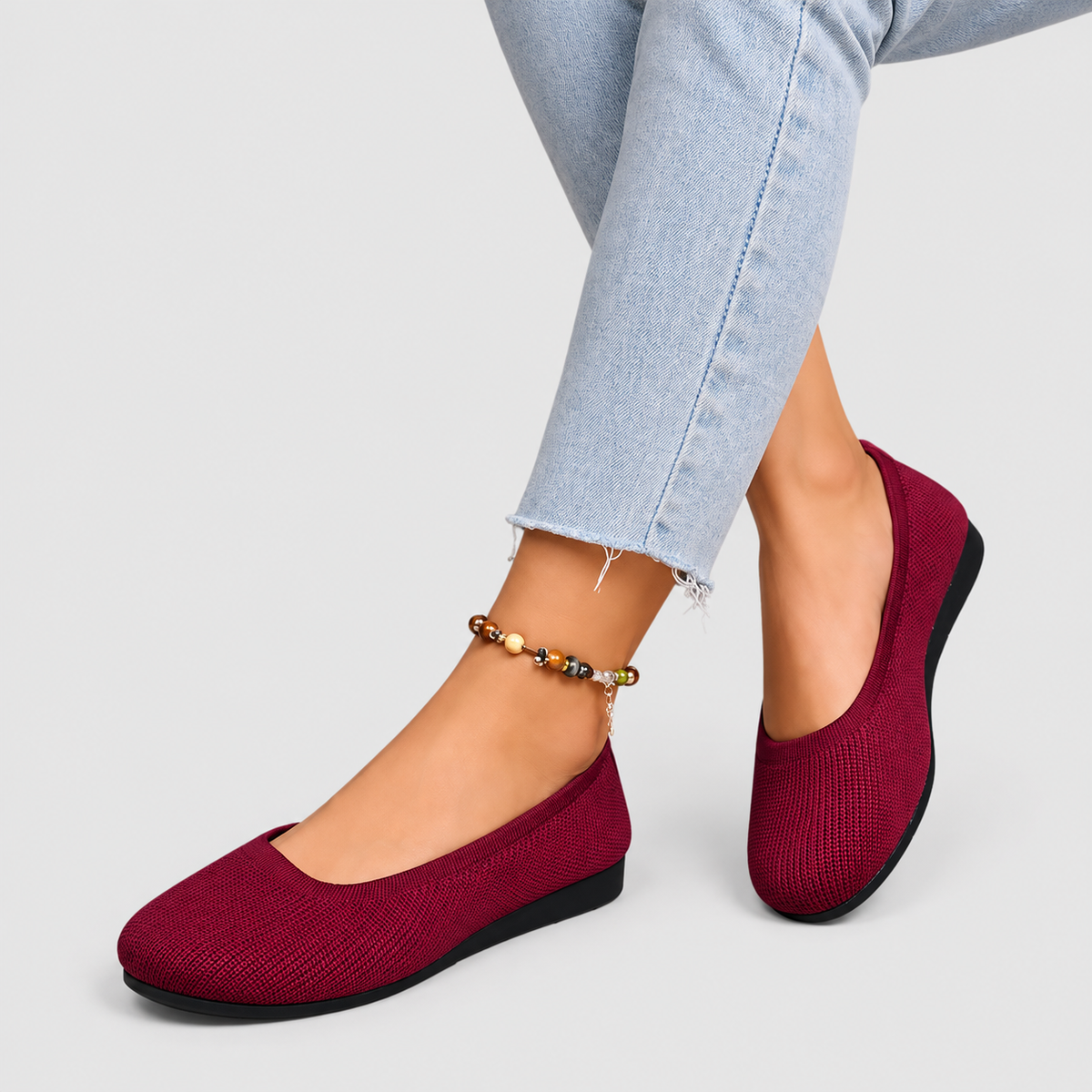 Bettina | Women’s Round-Toe Knit Ballet Flats — Burgundy