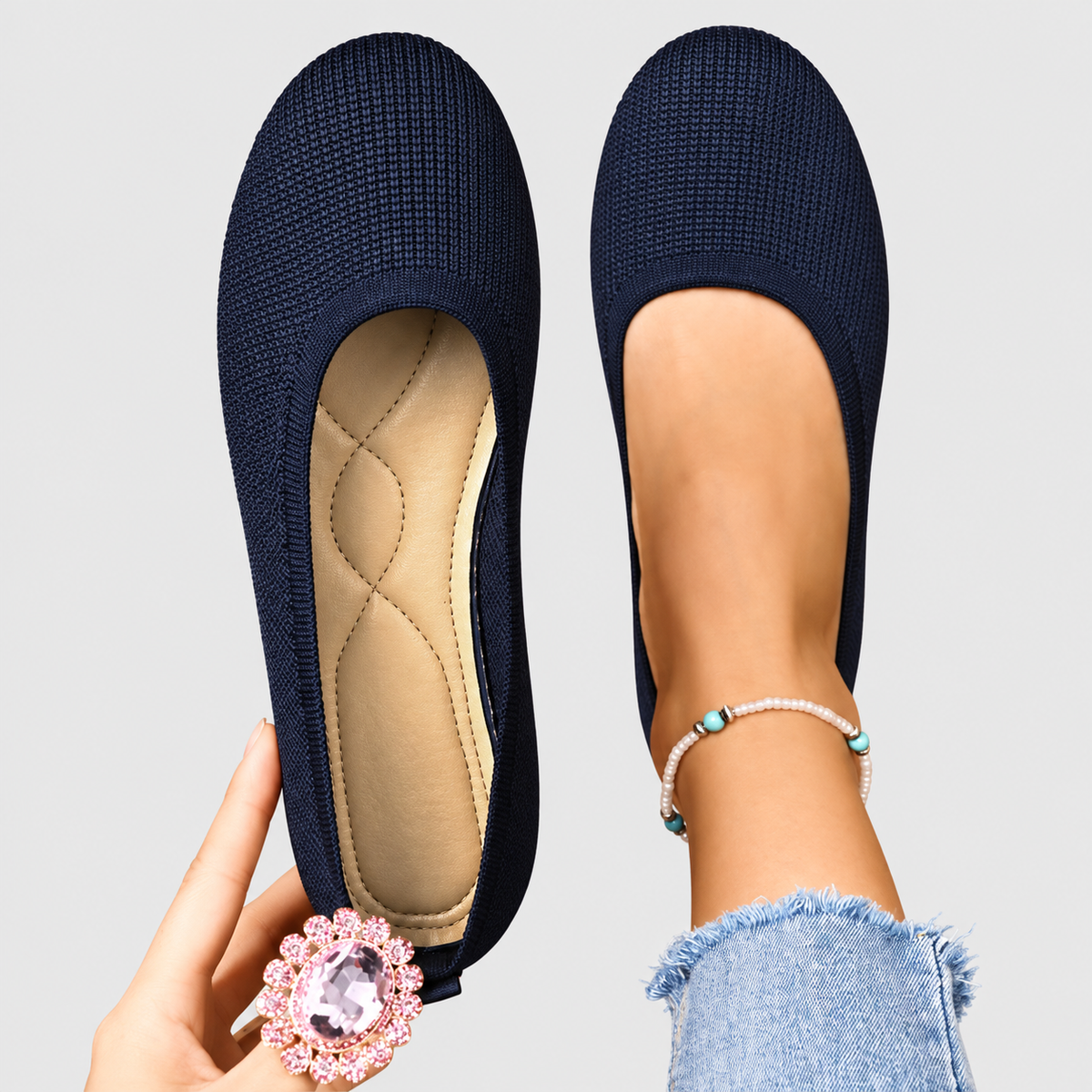 Bettina | Women’s Round-Toe Knit Ballet Flats — Navy Blue