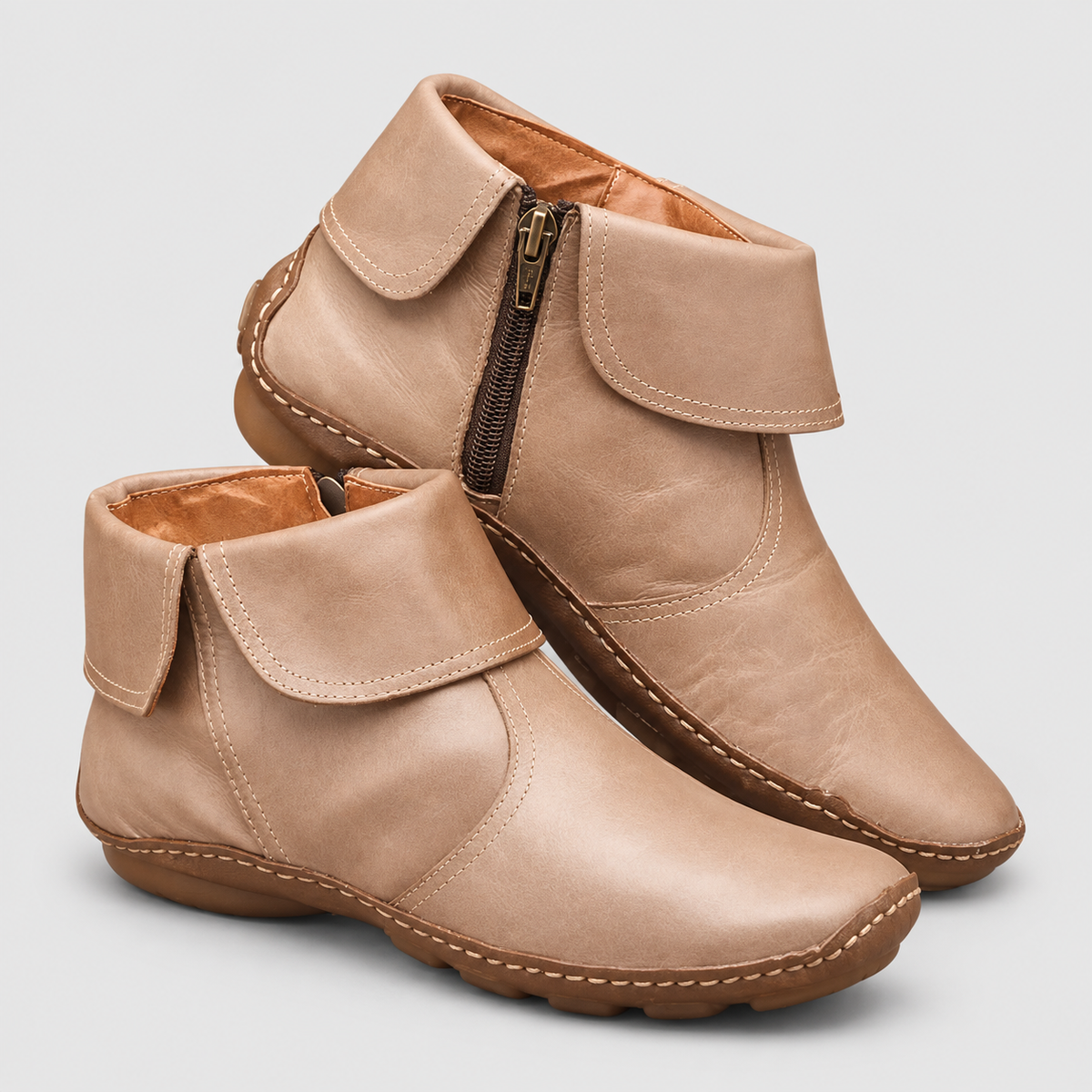 Blair | Women’s Flat Ankle Boots with Side Zip — Beige