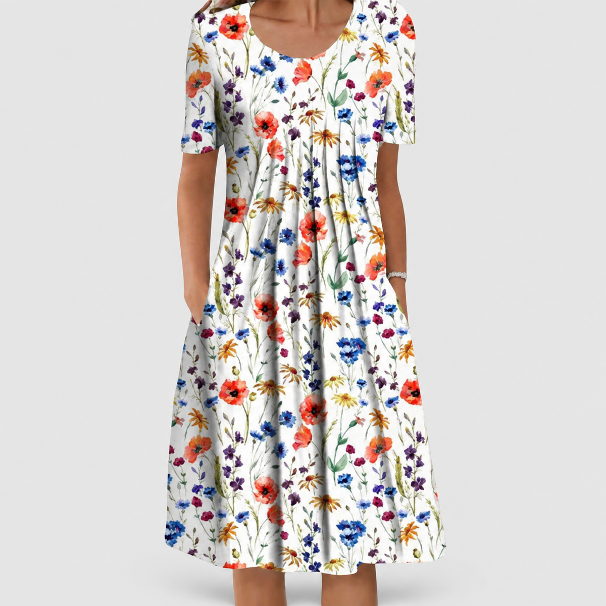Blythe | Women’s Printed Pleated-Front Dress — Floral Red