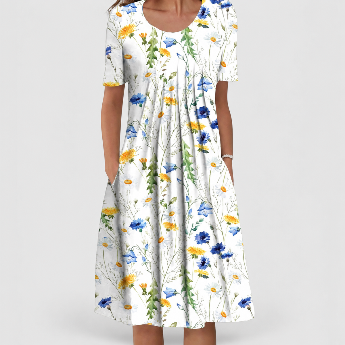 Blythe | Women’s Printed Pleated-Front Dress — Floral Yellow