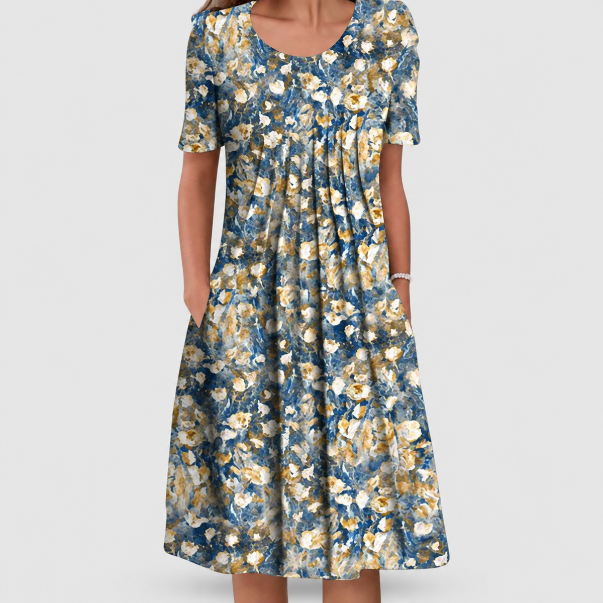 Blythe | Women’s Printed Pleated-Front Dress — Light Floral Blue