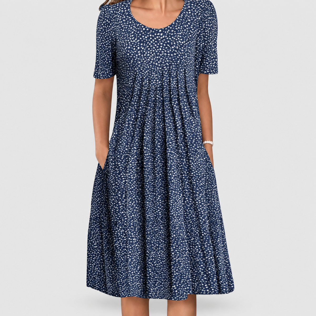 Blythe | Women’s Printed Pleated-Front Dress — Blue Dots