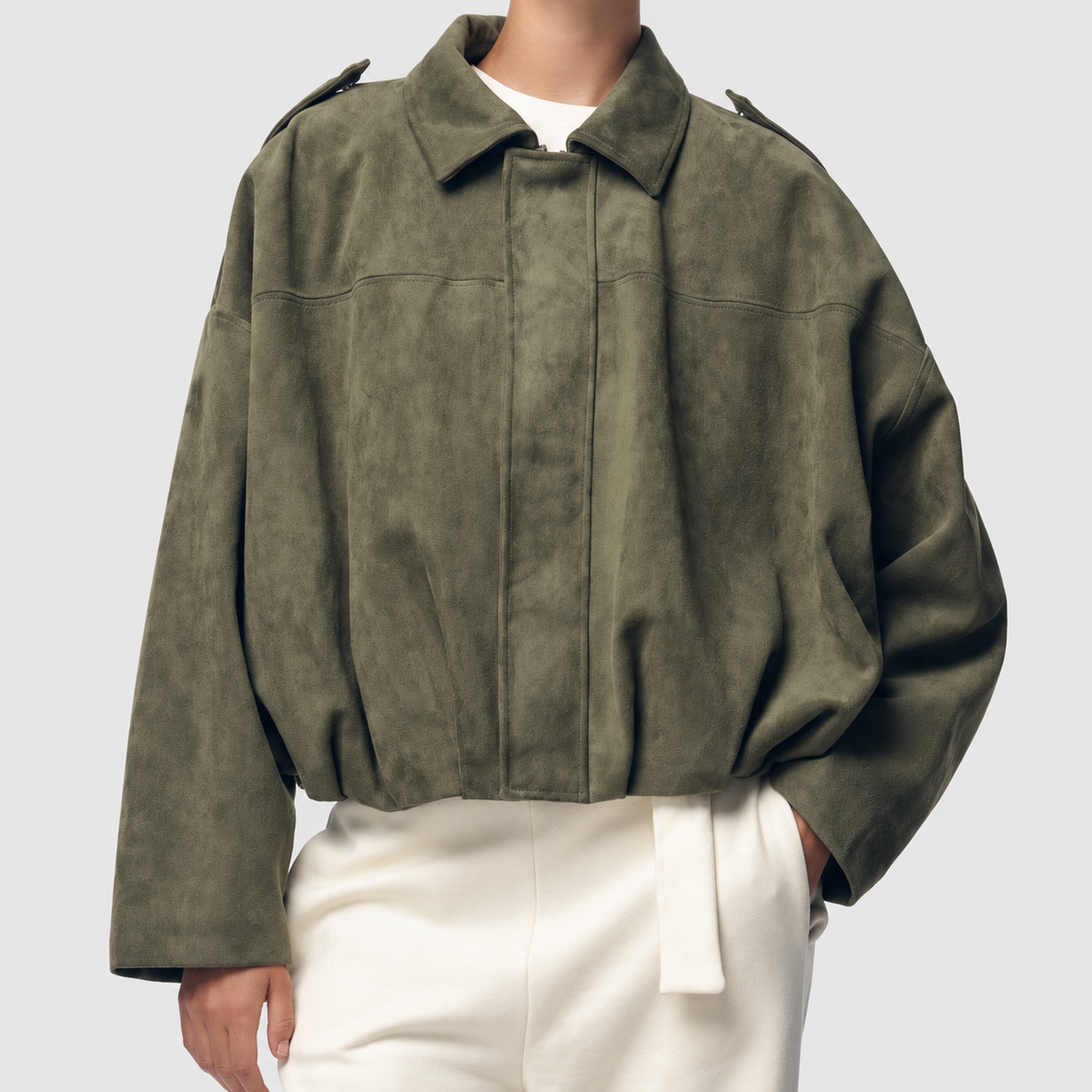 Bonita | Women’s Oversized Suede-Look Bomber Jacket — Olive