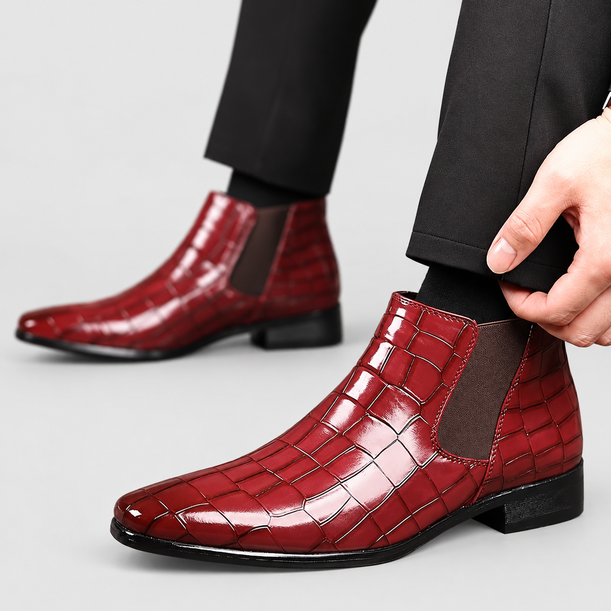 Bram | Men’s Crocodile-Texture Chelsea Ankle Boots — Burgundy