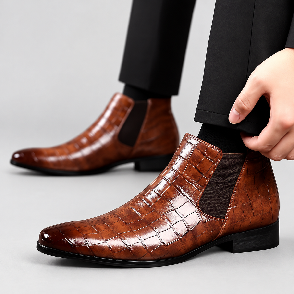 Bram | Men’s Crocodile-Texture Chelsea Ankle Boots — Brown