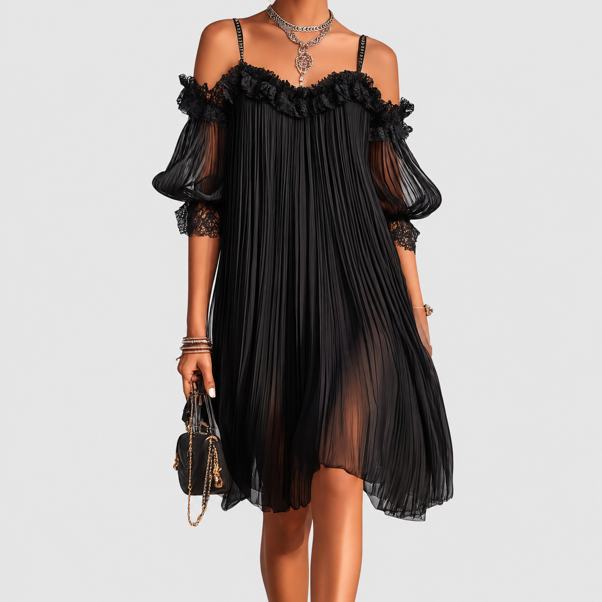 Briallen | Women’s Off-Shoulder Lace-Trim Mini Dress — Black