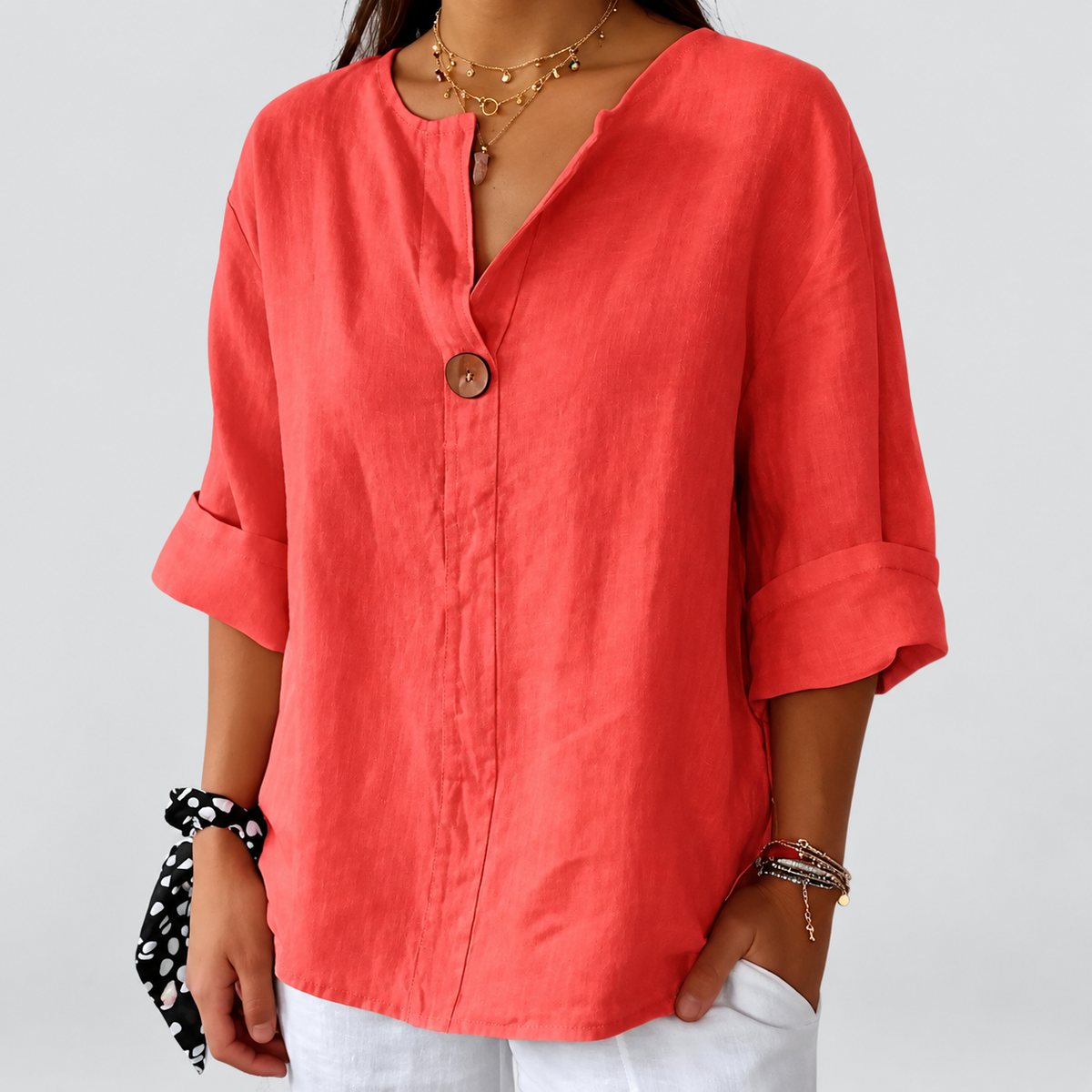 Briana | Women’s V-Neck Blouse with Button Detail — Red