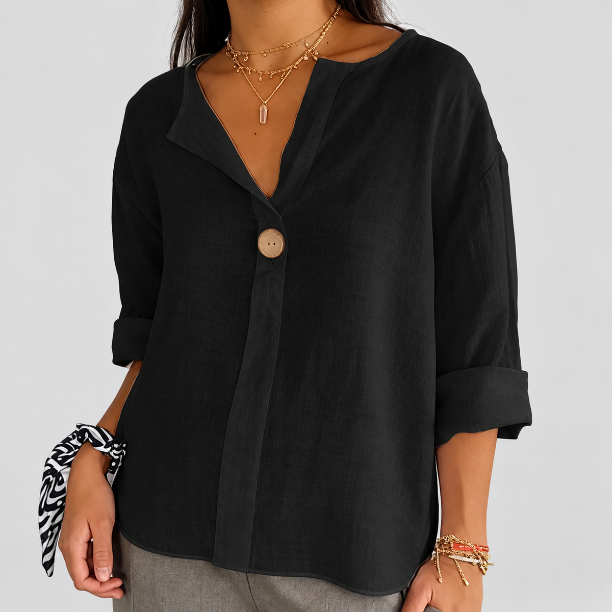 Briana | Women’s V-Neck Blouse with Button Detail — Black