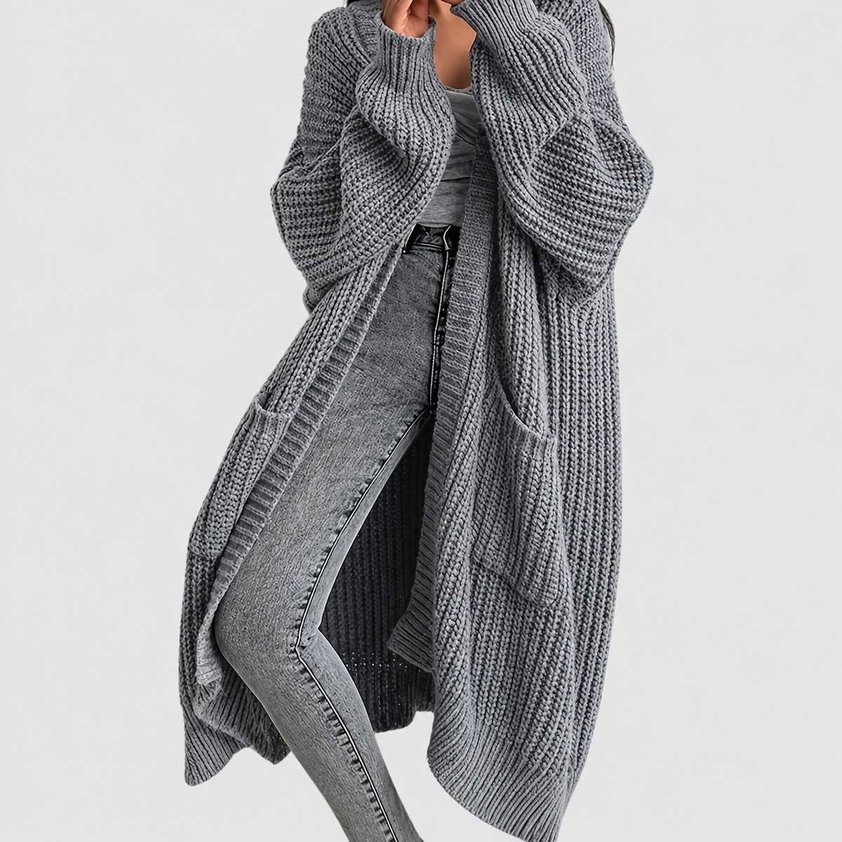 Brianna | Women’s Relaxed Longline Knit Cardigan — Grey