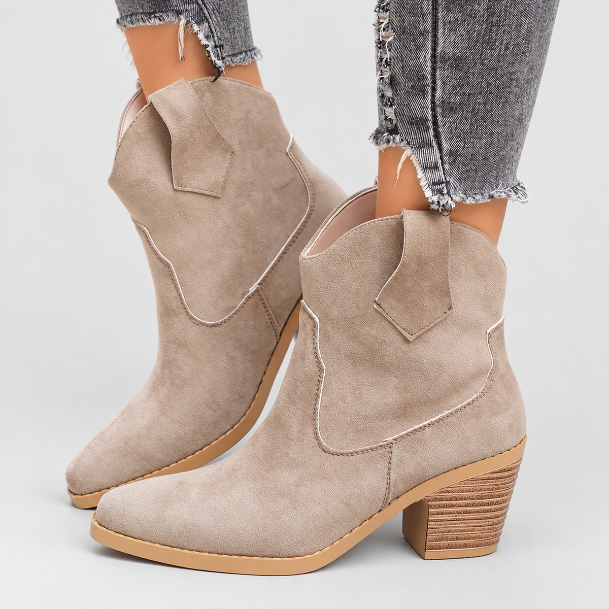 Brigitta | Women’s Western Pull-On Ankle Boots — Beige