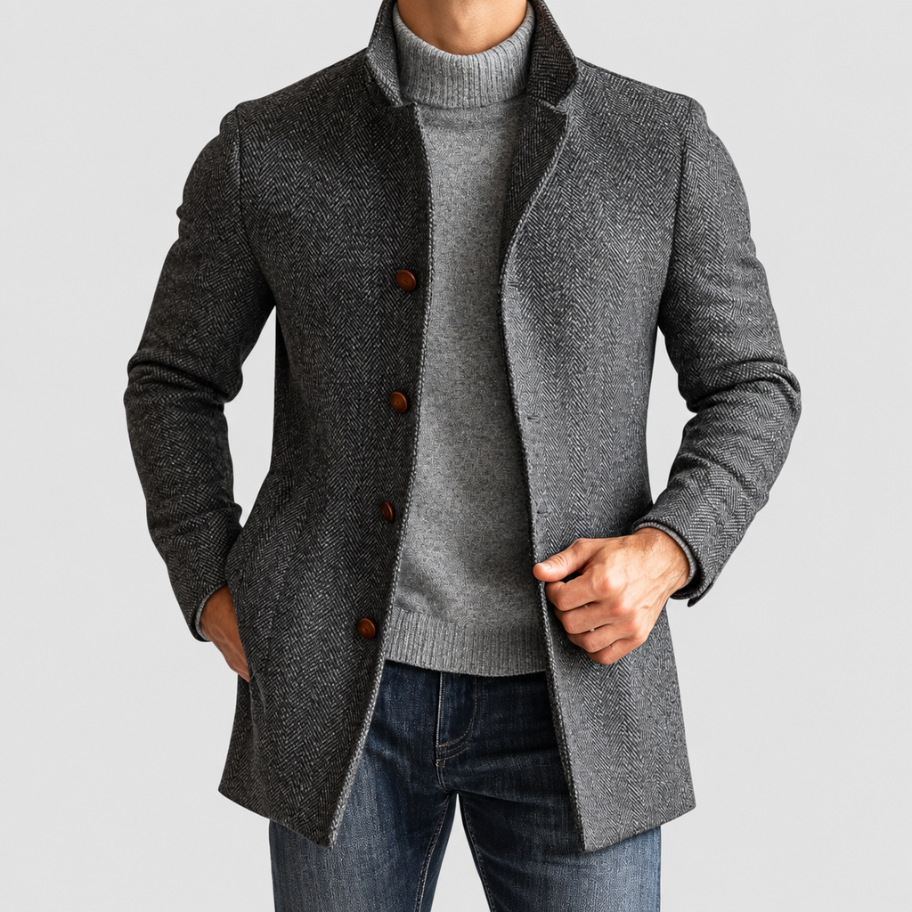 Callan | Men’s Herringbone Single-Breasted Mid-Length Coat — Grey