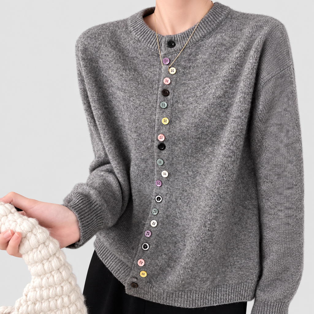 Carina | Women’s Crew-Neck Buttoned Knit Cardigan — Grey
