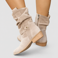 Carys | Women’s Zipper Ankle Boots with Buckle Detail — Beige