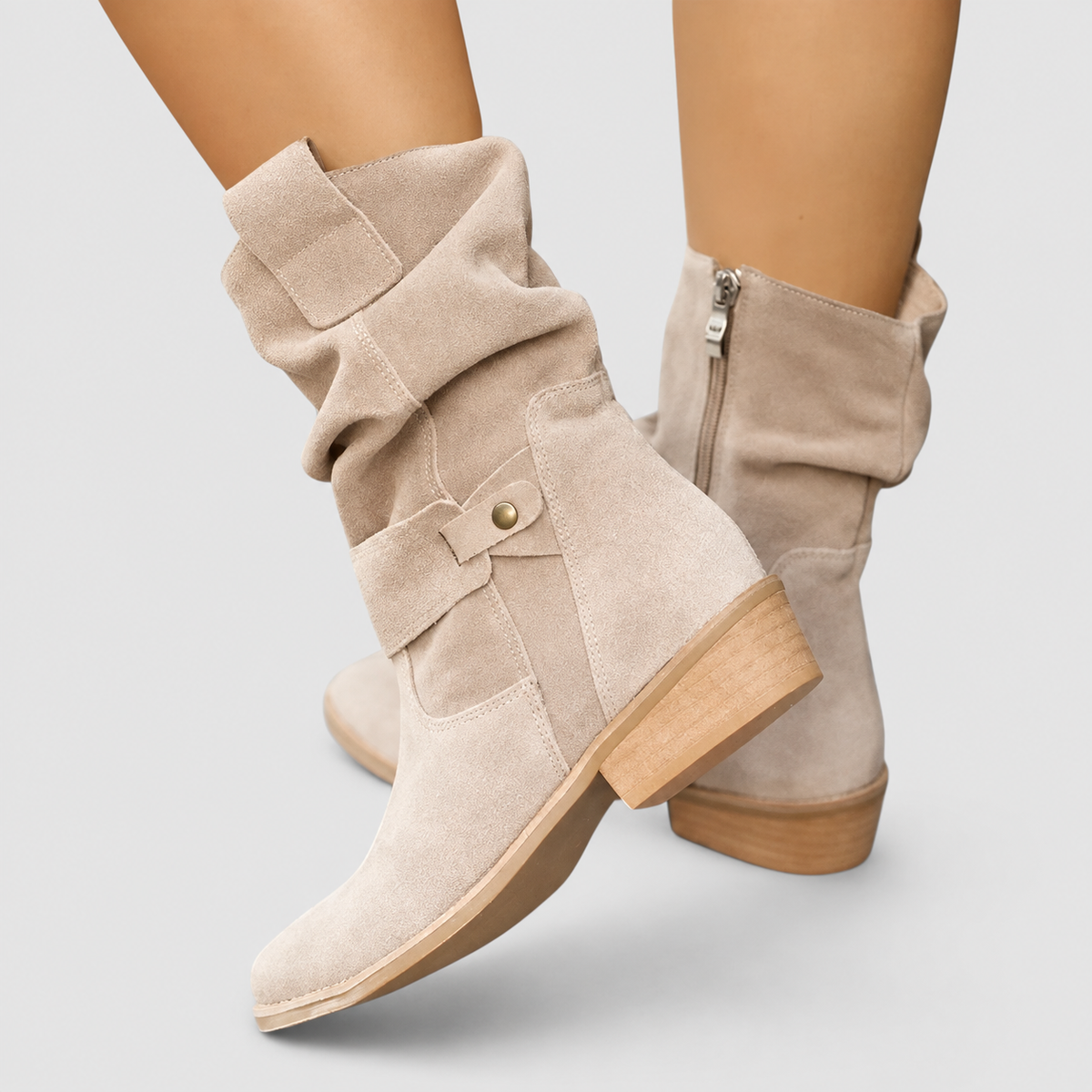 Carys | Women’s Zipper Ankle Boots with Buckle Detail — Beige