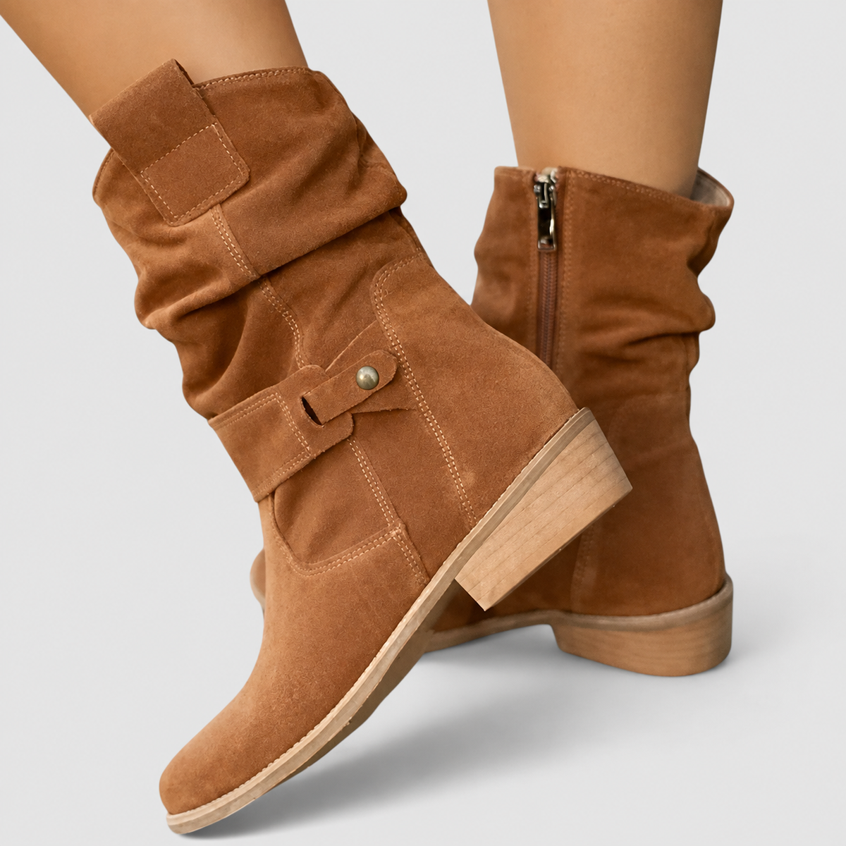 Carys | Women’s Zipper Ankle Boots with Buckle Detail — Brown