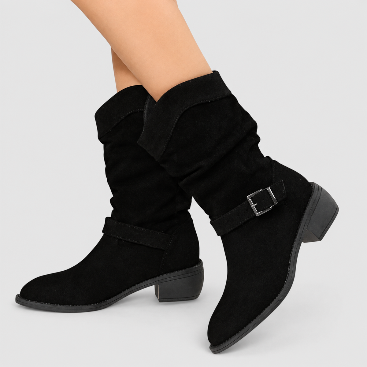 Carys | Women’s Zipper Ankle Boots with Buckle Detail — Black