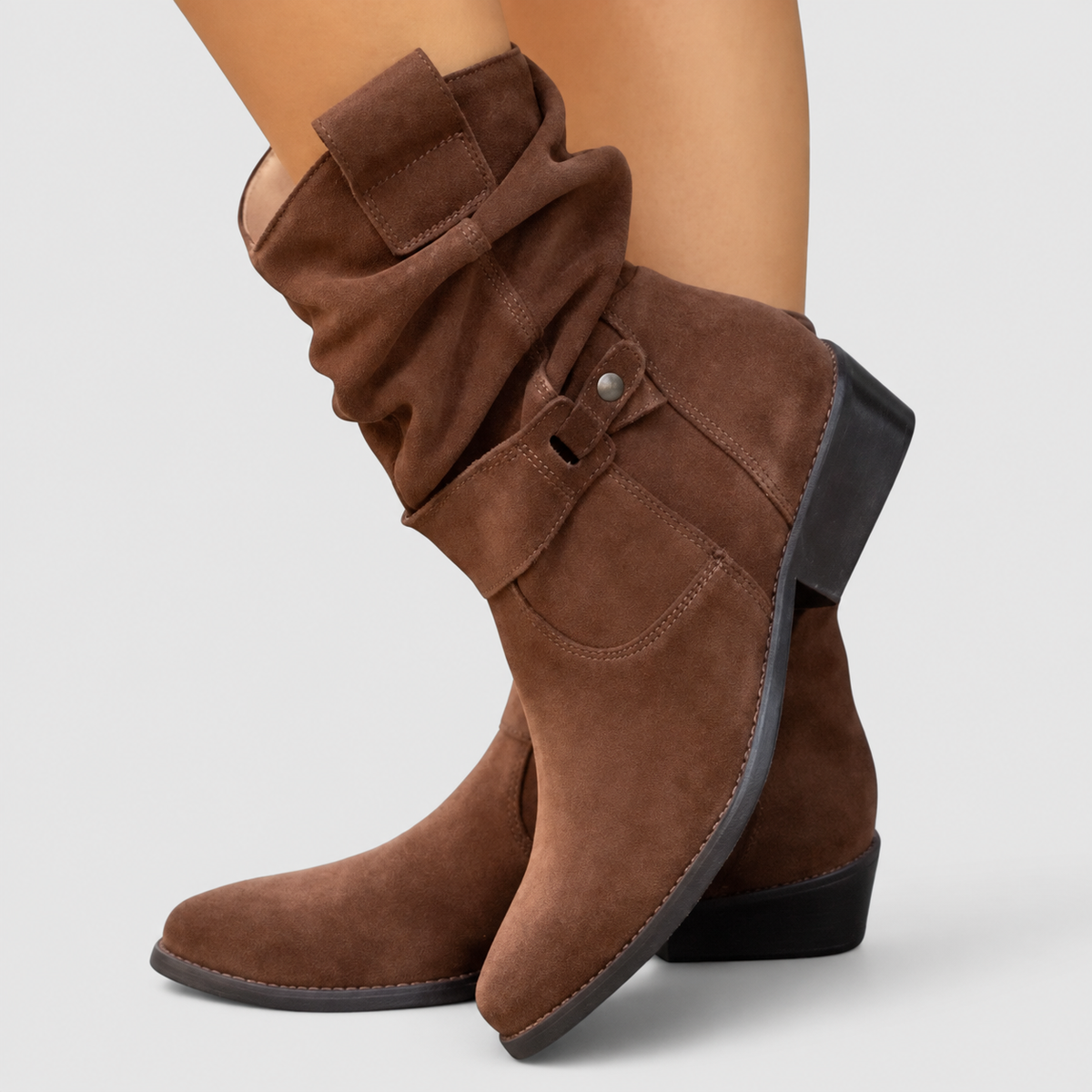 Carys | Women’s Zipper Ankle Boots with Buckle Detail — Dark Brown