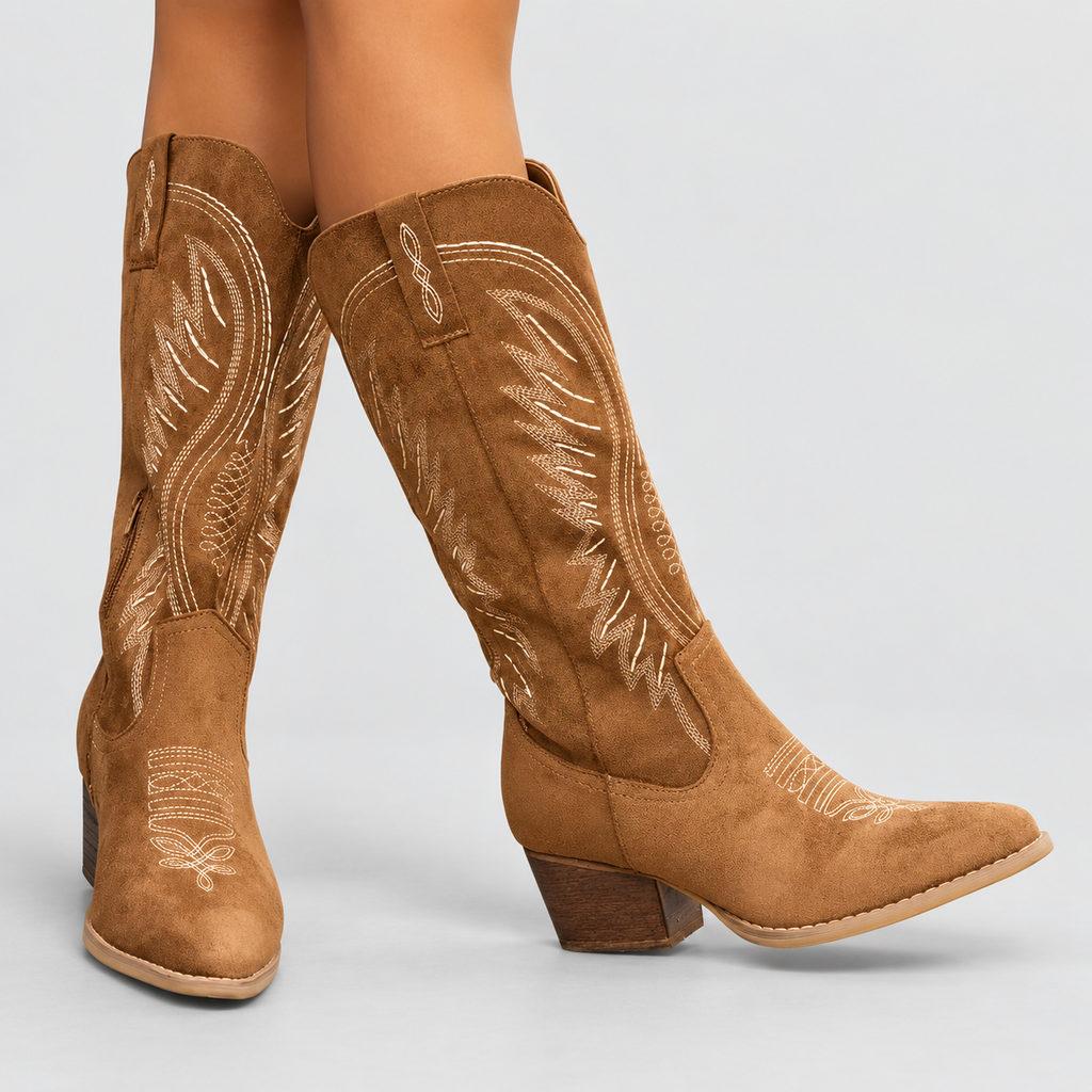 Cassidy | Women’s Embroidered Western Knee-High Boots — Brown