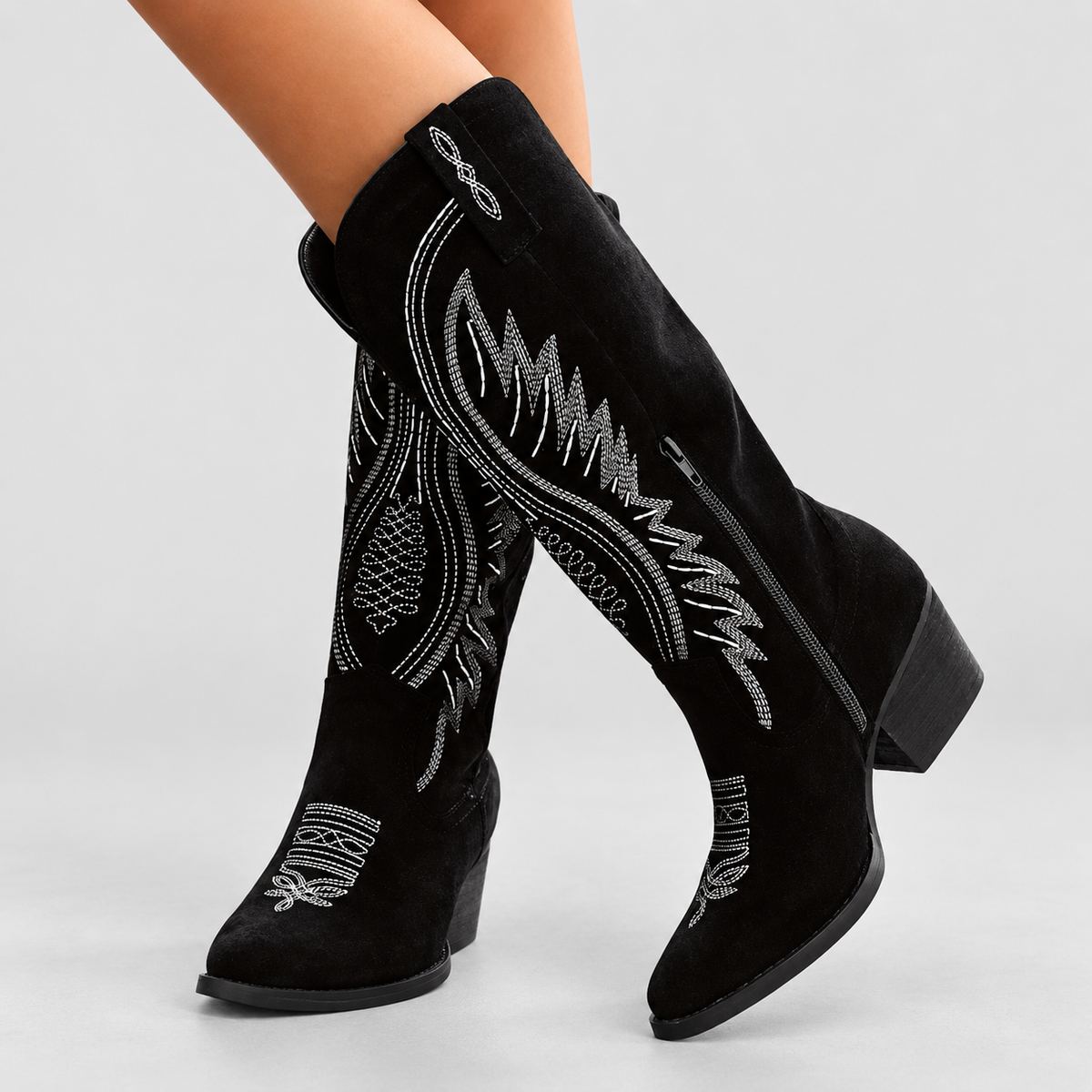 Cassidy | Women’s Embroidered Western Knee-High Boots — Black