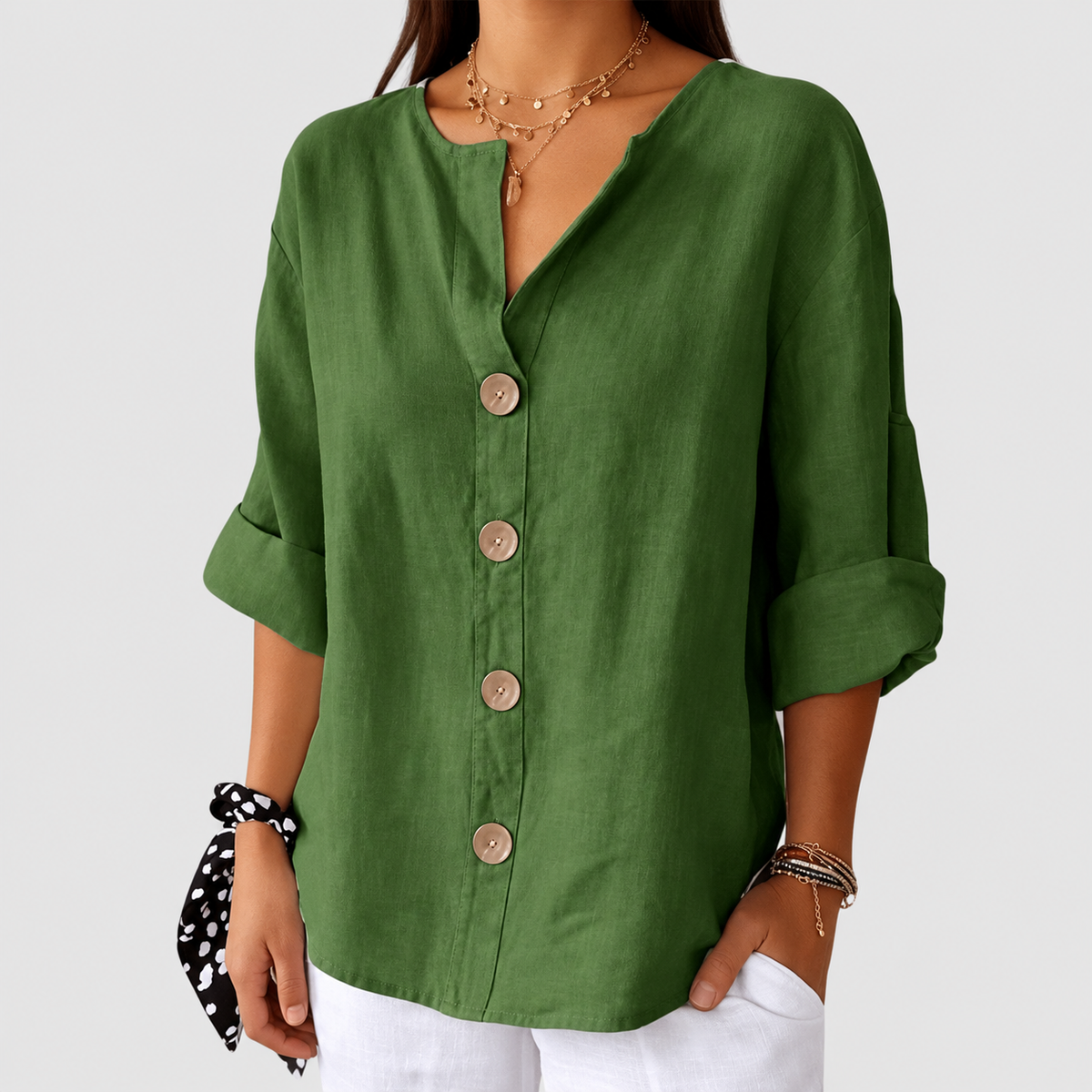 Catharina | Women’s V-Neck Button-Front Blouse — Army Green