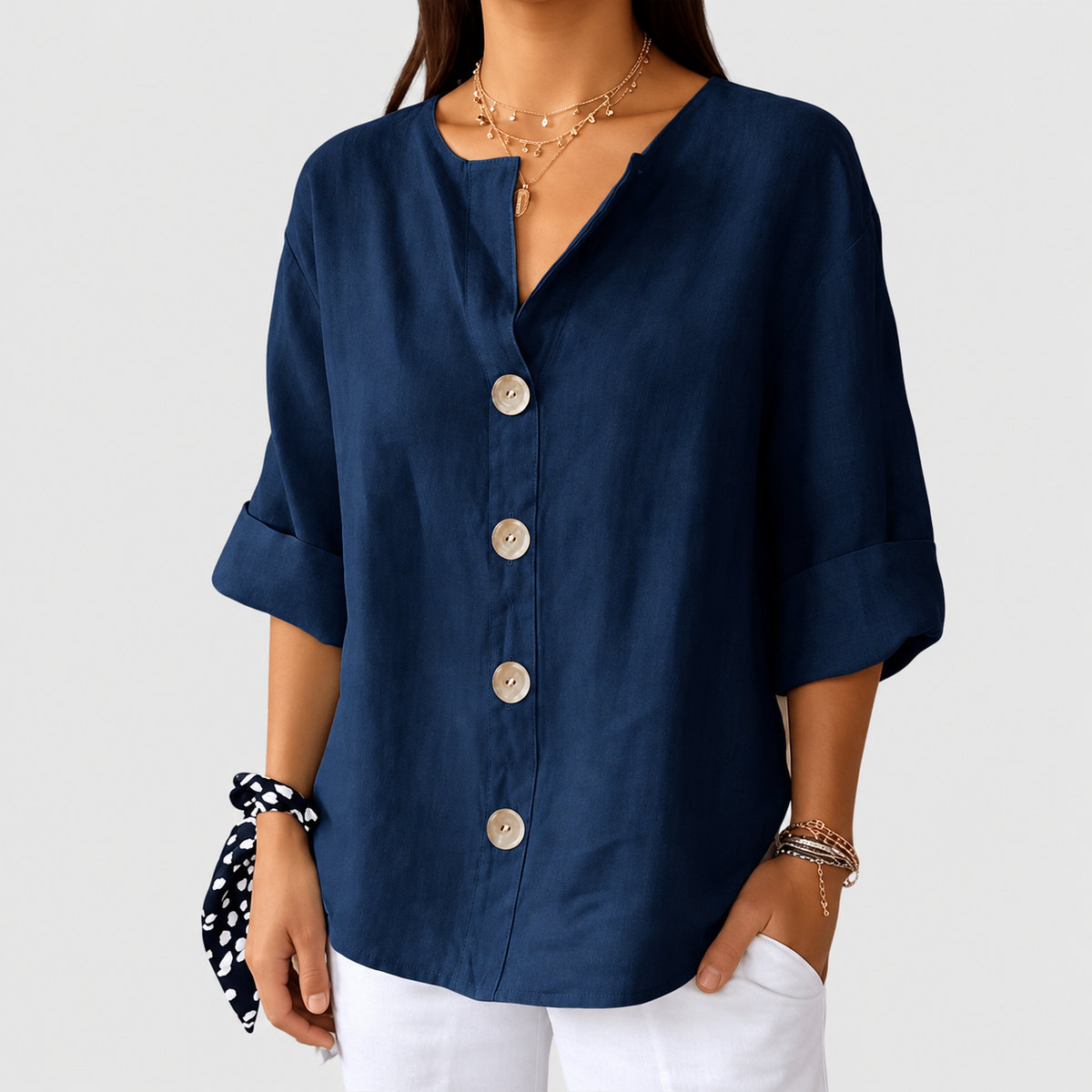 Catharina | Women’s V-Neck Button-Front Blouse — Navy Blue