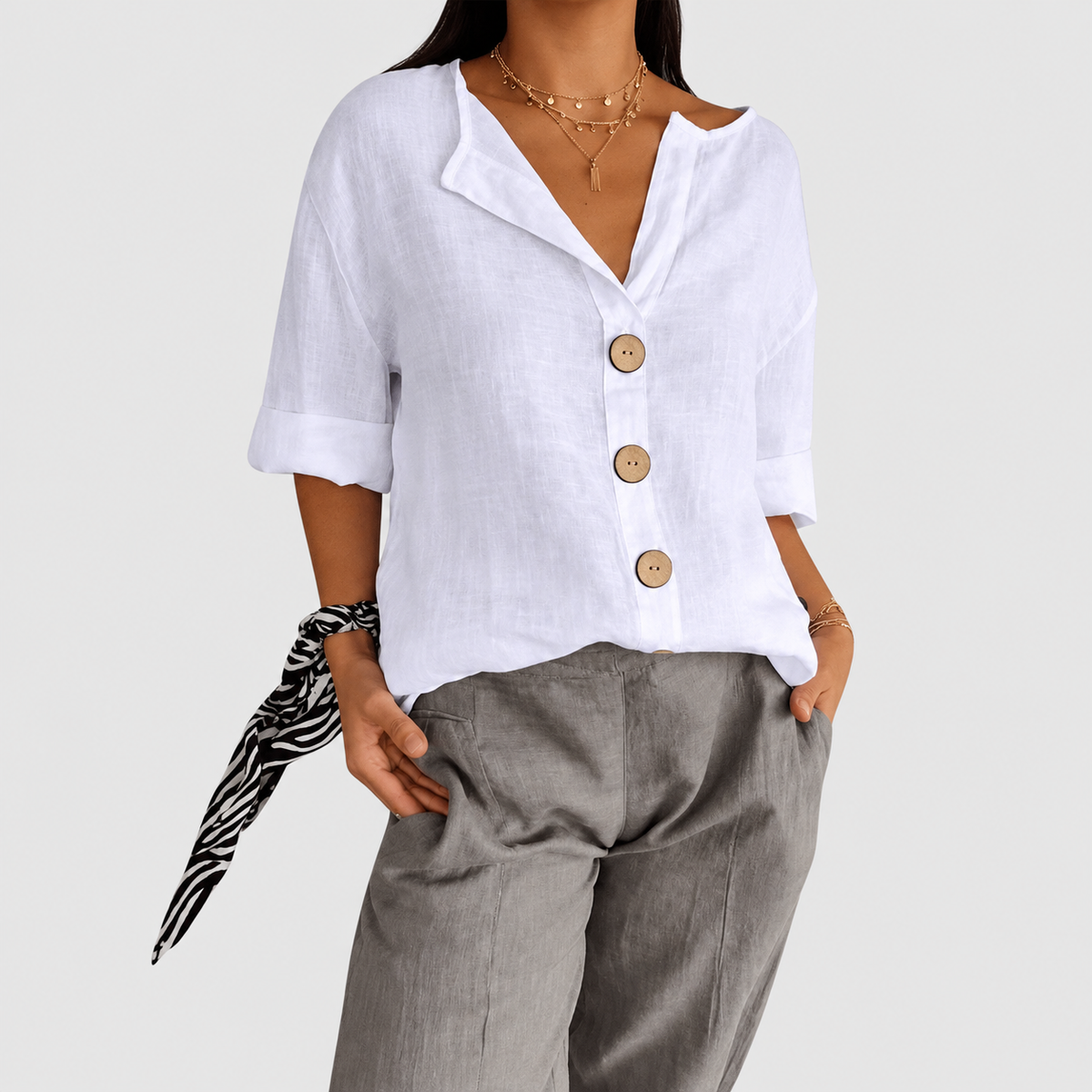 Catharina | Women’s V-Neck Button-Front Blouse — White