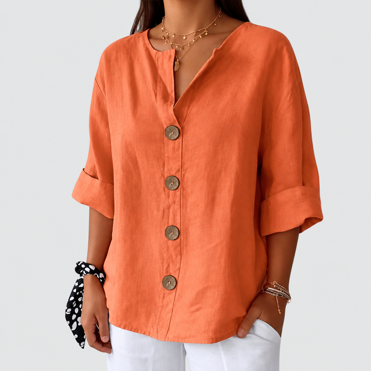 Catharina | Women’s V-Neck Button-Front Blouse — Orange