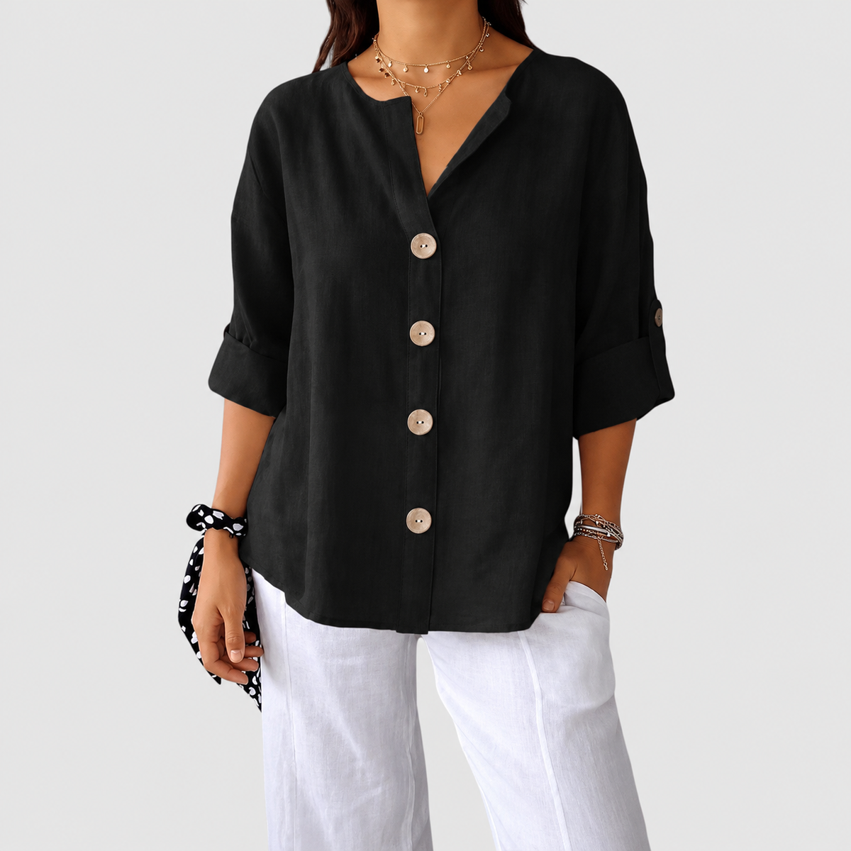 Catharina | Women’s V-Neck Button-Front Blouse — Black