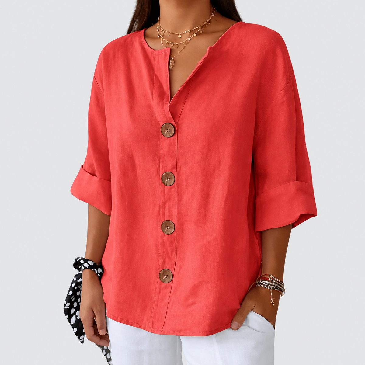 Catharina | Women’s V-Neck Button-Front Blouse — Red