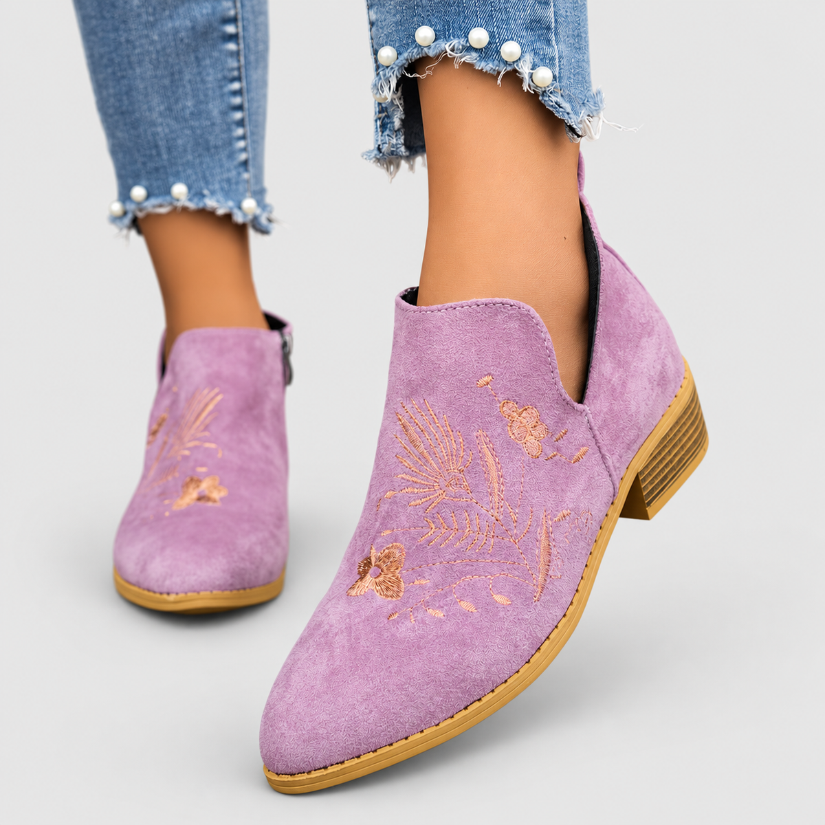 Celandine | Women’s Embroidered Low-Heel Ankle Boots — Purple