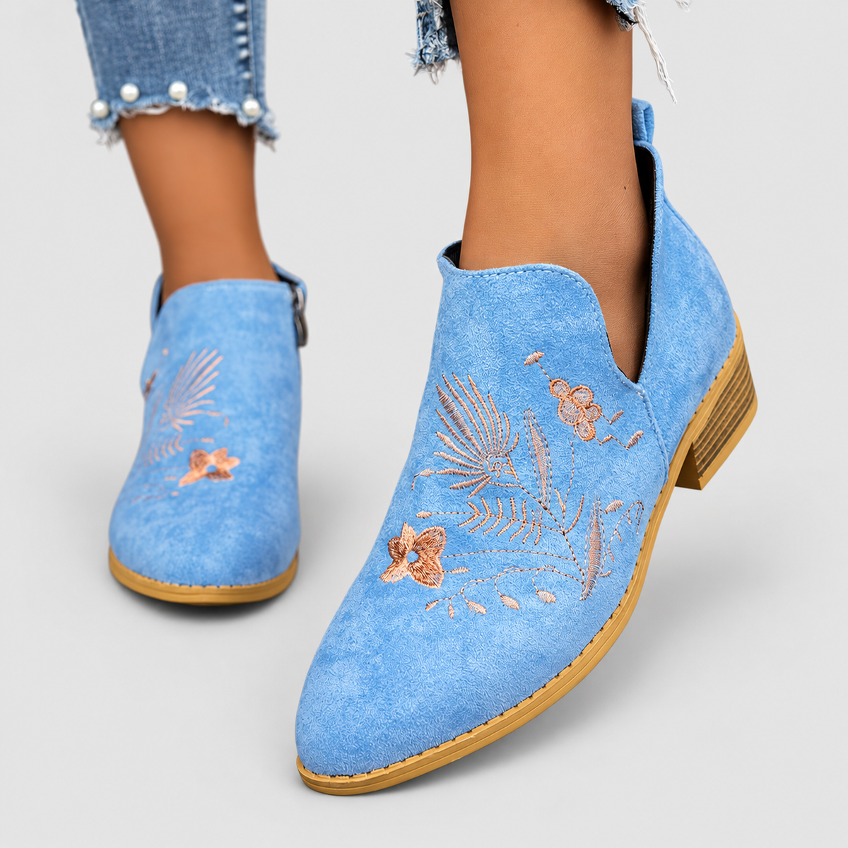 Celandine | Women’s Embroidered Low-Heel Ankle Boots — Sky Blue