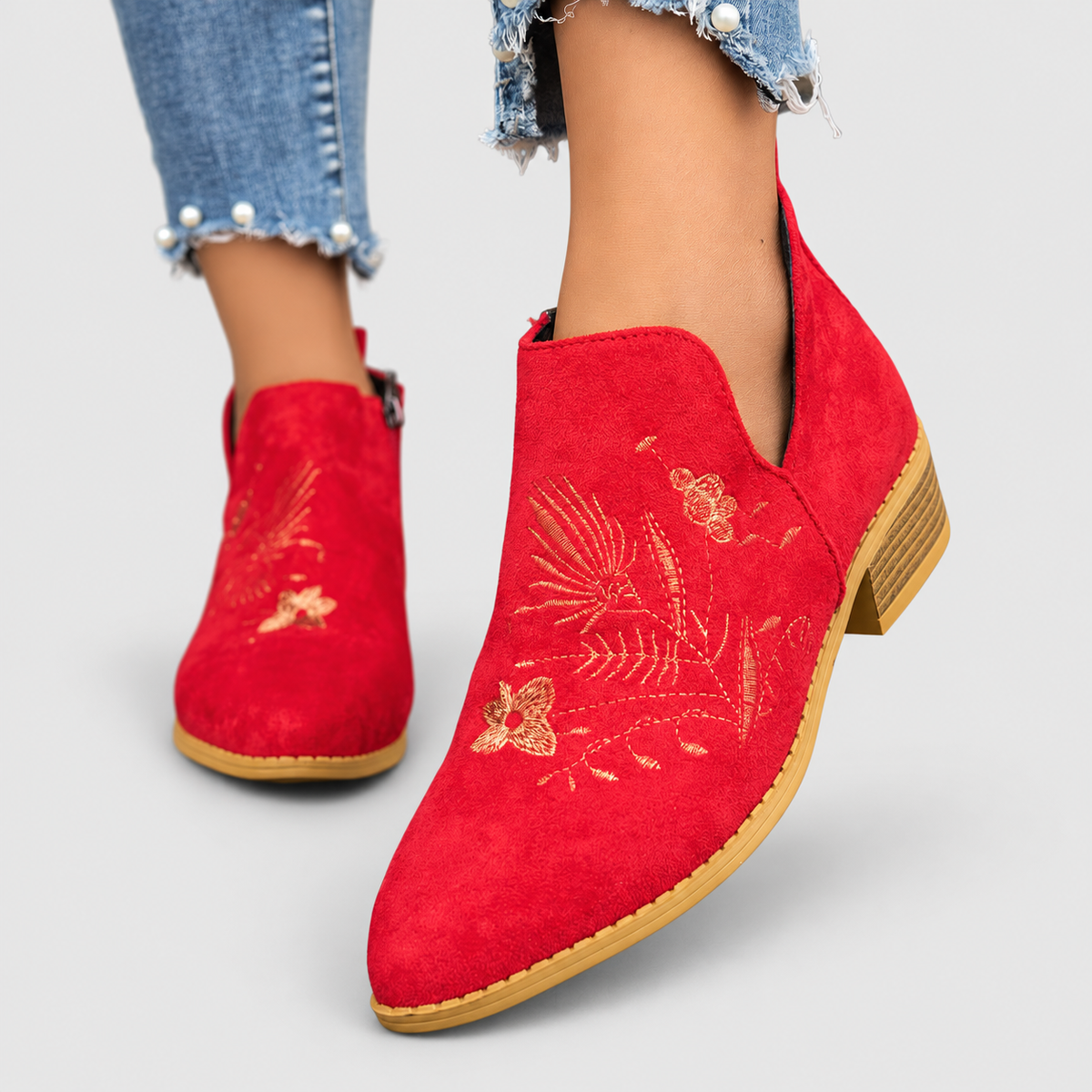 Celandine | Women’s Embroidered Low-Heel Ankle Boots — Red