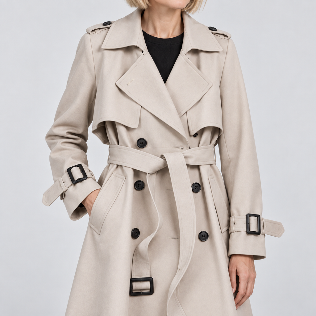 Close-up of double-breasted trench coat with belt and cuff buckles, showing texture and fastening details